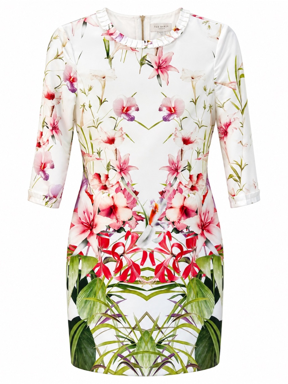 Ted Baker White Floral Bodycon Dress with Pink & Green Print